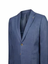 Chaqueta azul navy marca RKF, de corte clásico con solapas de muesca, cierre frontal de dos botones, bolsillos de parche y forro interno contrastante.