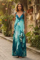 Vestido largo sin mangas con escote en V pronunciado, de corte amplio y fluido, con estampado abstracto en tonos rosados, marrones y blancos, y un cordón trenzado ajustable en la cintura.