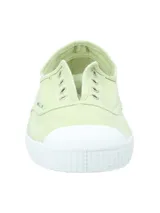 Zapatilla tipo alpargata de algodón orgánico color verde menta, con puntera reforzada de goma blanca y suela de caucho natural. Presenta un diseño slip-on con elásticos laterales y ojales decorativos.