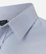 Camisa de vestir masculina de manga larga, confeccionada en tricolina con un sutil estampado de cuadros grid. Presenta cuello clásico, abotonadura frontal y puños con botones.