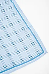 Bandana cuadrada de textura ligera, color celeste con un diseño de patrón a cuadros en tonos azules y blancos, y un borde sólido enmarcando el diseño.