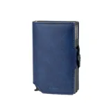 Billetera Baleine modelo Double Kansas en color azul oscuro, con estuche de aluminio integrado para tarjetas y cierre con solapa y botón a presión.