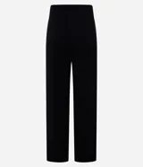 Pantalón wide leg de punto con textura acanalada, cintura elástica con lazo ajustable y detalles metalizados, y frisos verticales a lo largo de la pierna.