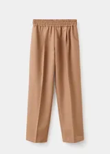 Pantalón de lana de tiro alto, diseño recto y largo, con cintura elástica con cordón y bolsillos laterales.