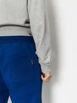 Pantalón de jogging azul con cordón ajustable en la cintura y gran estampado vertical de la marca en la pierna izquierda.
