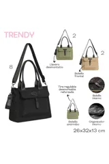 Bolso tipo tote y bandolera de la marca Trendy, color beige con detalles y asas en negro. Cuenta con un bolsillo frontal con solapa y hebilla decorativa, doble asa de mano y correa larga ajustable y extraíble.