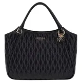 Bolso de mano Guess modelo Valla, color negro, con textura acolchada en patrón de rombos. Presenta asas de hombro y herrajes metálicos dorados, incluyendo un dije colgante con el logo de la marca.