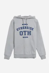 Buzo hoodie gris con estampado azul con la palabra "OTHERSIDE" y las siglas "OTH" en estilo universitario.