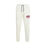 Pantalón de jogging blanco con elástico en la cintura y tobillos, y estampado frontal con la palabra "SPORT" en rojo y azul.
