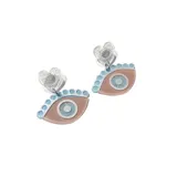 Par de aros colgantes con forma de ojo turco, con base color piel, pupila celeste brillante y contorno celeste. El gancho es plateado con forma de corazón brillante.