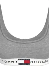 Bralette deportivo gris de algodón elástico con logo de Tommy Hilfiger en la banda inferior. Sin aros ni relleno.