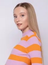 Polera de tejido de punto con diseño a rayas horizontales amarillas y violetas, de manga larga y cuello alto.