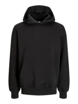 Hoodie negro de manga larga con capucha, corte holgado y bolsillo tipo canguro. Interior perchado de textura suave y tejido de espalda de bucle para mayor transpirabilidad.