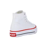 Zapatillas Pony Fifth Ave de caña alta color blanco, con plataforma, detalles en rojo y negro en la suela y logo de la marca en el lateral.