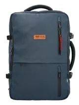 Mochila y maletín RKF azul navy de poliéster reciclado repelente al agua, con tres compartimentos independientes con cierre, compartimento para laptop de 15 pulgadas, triple bolsillo frontal, mango lateral y correas ajustables.