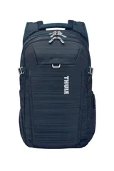 Mochila Thule Construct de 28 litros, color azul con textura lineal. Cuenta con compartimento acolchado para laptop de hasta 15.6 pulgadas y tablet de hasta 10.5 pulgadas, múltiples bolsillos organizadores internos, bolsillo frontal vertical, bolsillo lateral con cierre y bolsillo expandible para botella. Incluye panel trasero acolchado con malla respirable, correas de compresión laterales y correa pasante para equipaje.