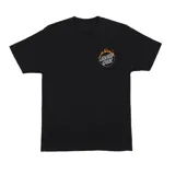 Remera negra de manga corta con cuello redondo y estampado frontal del logo de Santa Cruz rodeado de llamas.