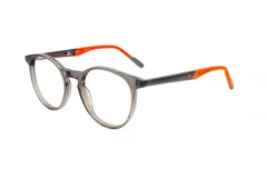 Armazón para lentes de receta unisex, marca NYY, modelo AA127, color gris translúcido con detalles en naranja.