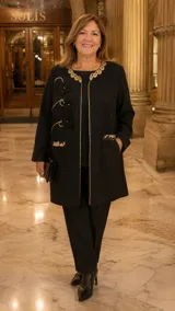 Chaqueta larga negra de corte recto, con bordados dorados en el cuello y bordes frontales. Presenta aplicaciones de flores negras con tallos dorados en el lateral derecho y detalles bordados en los bolsillos. Diseño artesanal elegante.