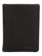 Billetera de cuero marrón oscuro, con costuras pespuntadas a tono y detalle de logo grabado en la esquina inferior derecha. Cuenta con tecnología RFID para protección de tarjetas.