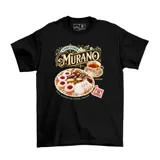 Remera de algodón color negro, con diseño gráfico estampado en el frente inspirado en la confitería Murano.