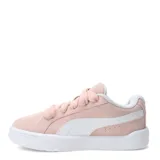 Championes Puma modelo Park Life Style Easy, de corte bajo, confeccionados en gamuza sintética color rosado con detalles en blanco. Presentan cordones anchos y suela de goma blanca.