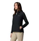Campera softshell híbrida Columbia, modelo Trailborne, color negro, con capucha, cierre frontal y bolsillos con cremallera. Incorpora tecnología Omni-Shield de repelencia al agua y a las manchas.