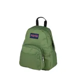 Mochila pequeña Jansport modelo Half Pint, color verde oliva, con un compartimento principal y un bolsillo frontal con cierre. Presenta asa superior negra y tirantes ajustables.