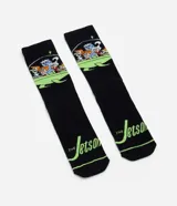 Medias de caña larga color negro con estampado de los personajes de Los Supersónicos en la parte superior y el logo de la serie en el empeine en color verde neón.
