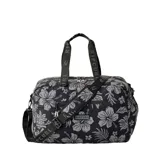 Bolso de viaje Rip Curl modelo Weekend Travel 48L Hold-All, color negro con estampado de flores grises. Tiene doble asa de mano y correa bandolera ajustable con logo de la marca.