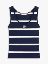 Musculosa de punto de puro algodón peinado, de corte slim y diseño a rayas horizontales azul marino y blanco. Cuenta con cuello redondo, ribetes en canalé y un refinado logo bordado en el pecho.