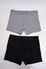 Pack de dos boxers de algodón con cintura elástica personalizada con el nombre de la marca. Uno de los boxers es de color gris melange y el otro es de color negro.