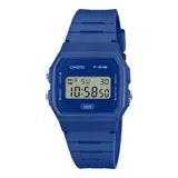 Reloj digital Casio modelo F-91W con caja y correa de resina en color azul. Cuenta con pantalla digital, luz LED, cronómetro, alarma diaria y calendario automático.