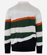 Suéter de algodón color crema con franjas horizontales en verde, marrón y negro.