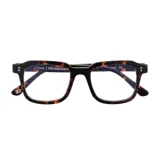 Lentes de eco acetato color carey, con forma cuadrada y patillas con detalle de doble punto.