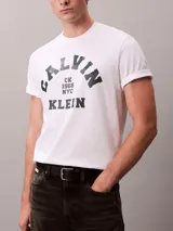 Remera de algodón blanca de corte regular con cuello redondo y mangas cortas. Presenta un estampado gráfico frontal con el logotipo de Calvin Klein en tono oscuro.