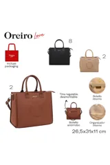 Cartera tipo tote de cuero sintético marrón, con doble asa de mano, correa ajustable y desmontable, y detalles de estampado en relieve con forma de corazón y la inscripción "Oreiro Love".