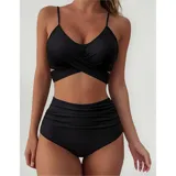 Bikini de dos piezas color fucsia. El top presenta un diseño cruzado en el frente con breteles finos ajustables, mientras que la bombacha es de tiro alto con detalle de frunces laterales.