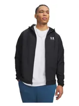 Campera deportiva Under Armour Rivl Wvn Windbreaker, color negro, con capucha, cierre frontal completo y bolsillos laterales con cremallera. Incluye el logo de la marca estampado en blanco en el pecho.