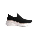 Championes deportivos Skechers modelo Slip-ins Fashion Fit 2.0, color negro con detalles en tono oro rosa en la entresuela. Presentan un diseño sin cordones con tecnología Hands Free Slip-ins y parte superior de malla técnica.