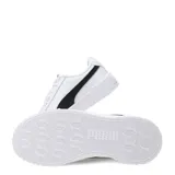 Championes Puma modelo Carina 3.0, de diseño urbano con plataforma texturizada. Presenta una base blanca con la franja lateral característica de la marca en color negro y detalles de logo en dorado.