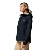 Campera impermeable Columbia modelo Ampli-Dry II Shell, color negro, con capucha ajustable, cierre frontal y bolsillos con cremallera.