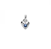 Dije charm con forma de corazón plateado y cristal azul engarzado.