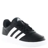 Championes urbanos Adidas Breaknet 2.0, color negro con las icónicas tres tiras laterales en blanco y suela de goma blanca. Presentan un diseño de inspiración tenística con exterior de cuero sintético y cierre de cordones.