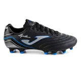 Championes de fútbol Joma Águila 2301 FG para césped natural, de color negro con detalles en azul y plateado, confeccionados en material sintético Fibertec con suela de tapones de caucho.