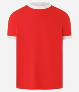 Remera de algodón color celeste con cuello redondo y bordes de mangas en color blanco. Presenta diseño de rayas dobles blancas en los hombros y mangas.
