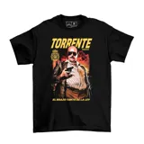 Remera negra de manga corta con estampado gráfico frontal de la película Torrente, el brazo tonto de la ley.