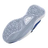 Championes de básquetbol Under Armour Lockdown 7 Low, con diseño de corte bajo. Presentan una combinación de colores azul, negro y detalles en celeste, con entresuela blanca de EVA para amortiguación y suela de caucho con patrón de tracción en espiga.