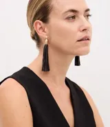 Caravanas colgantes con base semiesférica en tono dorado y flecos largos de poliuretano en color negro.