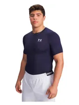 Remera deportiva Under Armour de compresión, color azul marino, de manga corta y cuello redondo. Cuenta con el logo de la marca impreso en blanco en el pecho y diseño ergonómico de secado rápido.